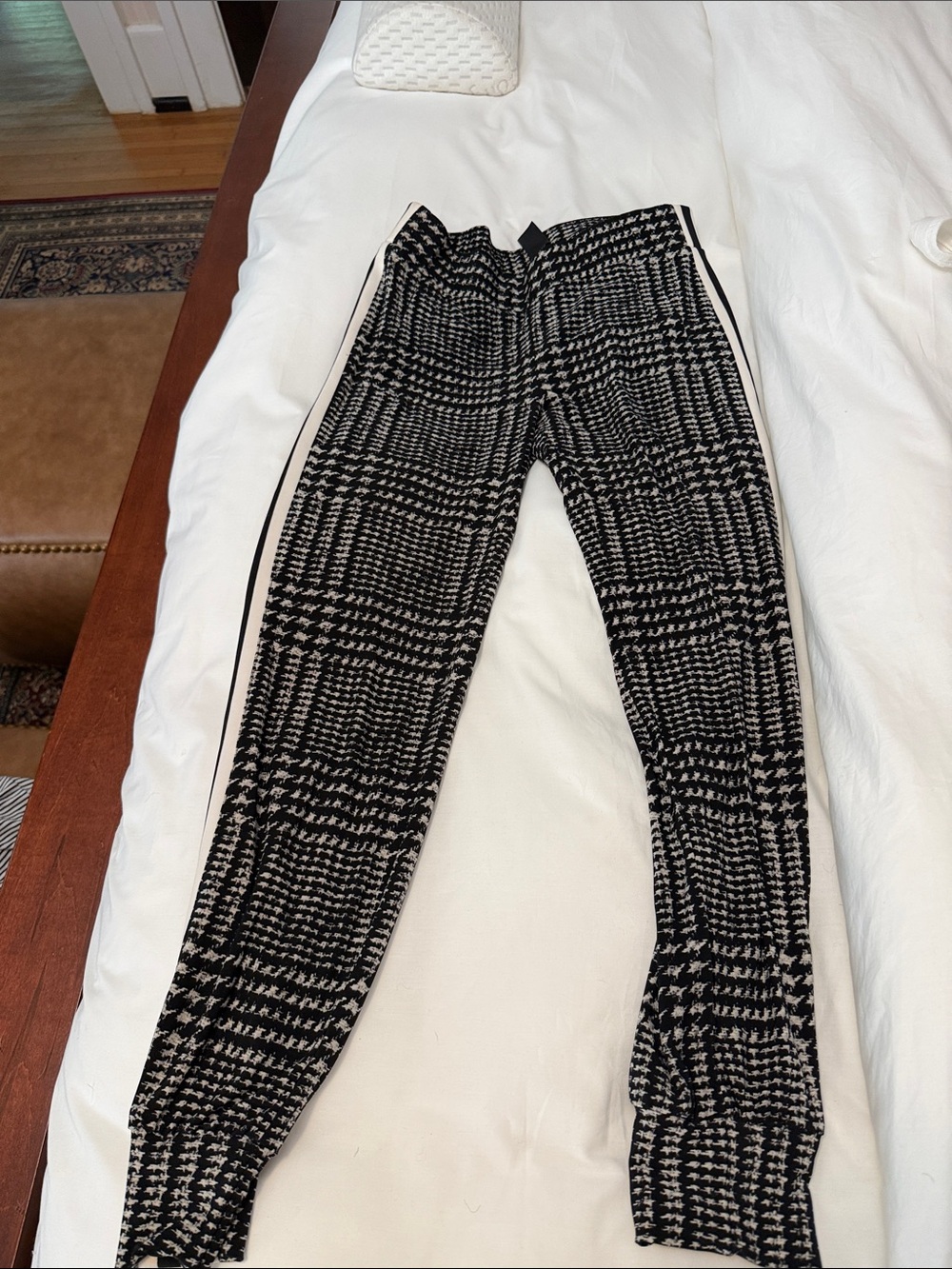 Norma Kamali Black and White Plaid Track Joggers with Side Stripe